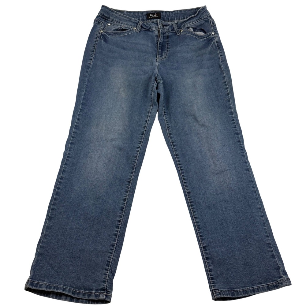 Earl Jean Womens Size 14 Medium Wash Embellished Straight Leg Jeans Rhinestone